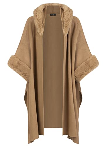 APART Fashion Damski płaszcz z dzianiny Apart z obszyciem sztucznego futra kardigan sweter, piaskowy, S