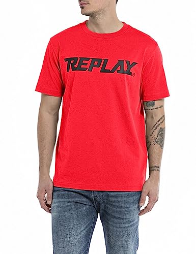 Replay Męski T-shirt z krótkim rękawem, okrągły dekolt, logo, czerwony (Ruby Red 656), M, Ruby Red 656, M