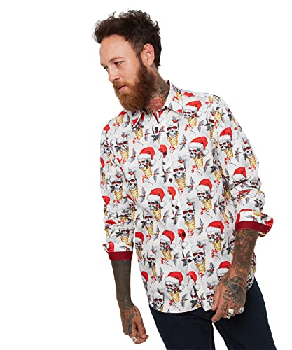 Joe Browns Męska świąteczna czapka Świętego Mikołaja czaszka koszula, biały, M