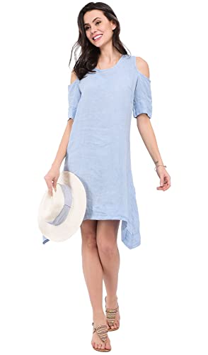 Sukienka damska 100% lniana Made in Italy, puszysta sukienka z okrągłym dekoltem i kieszeniami, biała, rozmiar: XL, biały, XL