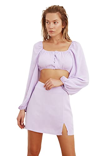 TRENDYOL Damska wiskoza guzikowa Botto-Top Skirt Set, liliowy, 40