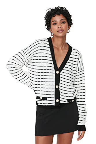 Trendyol Damska bluza z dekoltem w serek w paski zwykły sweter (1 szt.), czarny, M