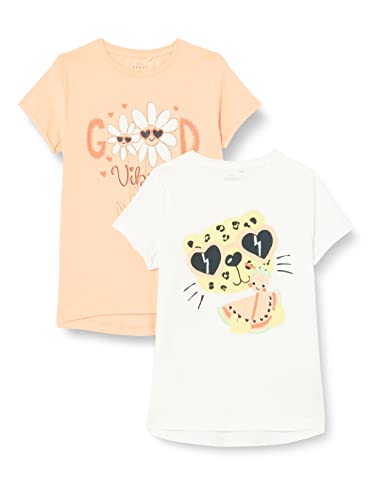 NAME IT Girl's NMFVIX 2P SS TOP F1 T-Shirt, Bright White/Pack:Peach Nectar, 104, Jasna biel/opakowanie: peach Nectar, 104 cm