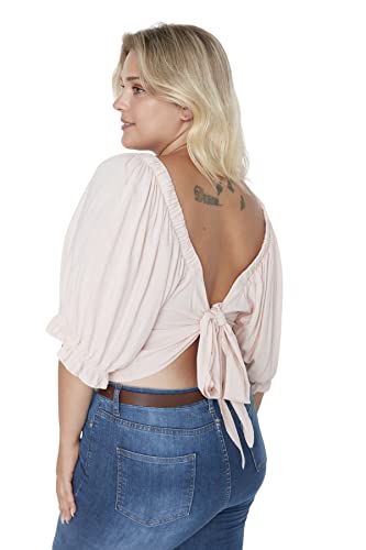 TRENDYOL Damska koszula damska o regularnym kroju z okrągłym dekoltem, tkana, plus size, Proszek, 46