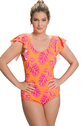 Ulla Popken Kobiety, falbanki, miękkie miseczki, biustonosz pod biustem, kostium kąpielowy, neonowy pomarańczowy, 42