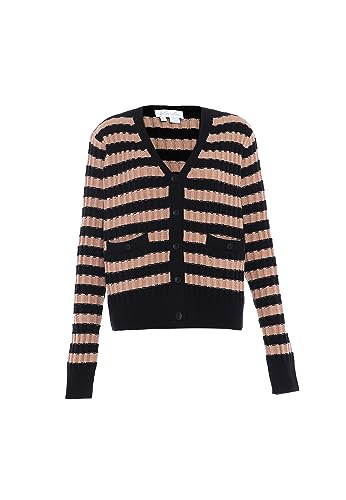 Blonda Damski kardigan w paski z dekoltem w serek i wstawkami akryl czarny beżowy rozmiar XL/XXL, czarny, beżowy, XL