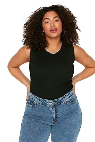 TRENDYOL Damska koszula damska Slim Fit Standard Crew Neck Woven Plus Size Blouse, czarny, 46