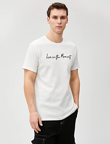 Koton Męski T-shirt z wytłoczonym logo, z okrągłym dekoltem, z krótkim rękawem, Off White (001), L
