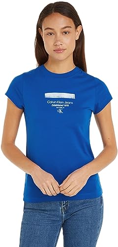 Calvin Klein Jeans Damska koszulka z logo w paski nowoczesna prosta koszulka S/S T-shirty, Czajnik niebieski, XXL