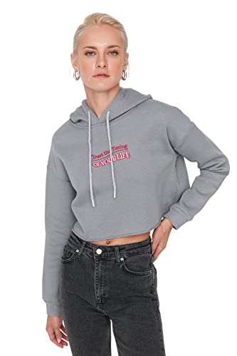 Trendyol Damska bluza z kapturem i napisem Crop, Szary, XS