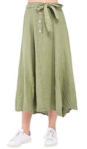 Bonateks Women Skirt 100% Len Made in Italy, długa spódnica z guzikami z paskiem na szalik, jasne khaki, rozmiar: S, Khaki Claire, S
