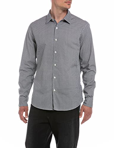 Replay Męska koszula M4049, 010 biała/czarna Micro Print, XL, 010 White/Black Micro Print, XL