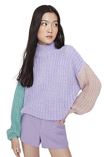 Trendyol Damska bluza z golfem Colorblock z regularnym swetrem, Lila, M, lilia