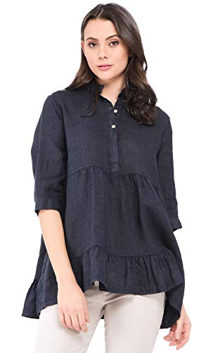 Bonateks damska top 100% lniana tunika Made in Italy, bluzka z dekoltem tunezyjskim z kieszeniami z przodu, biała, rozmiar: L, biały, L