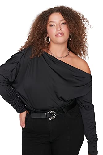 Trendyol Damska bluzka plus size, luźna, asymetryczna asymetryczna dzianinowa bluzka z kołnierzem plus size, czarna, 3XL, Czarny, 3XL