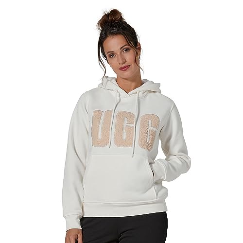 UGG Damska bluza z kapturem z logo Rey UGGfluff polarowa, Nimbus/Sand, XL, Nimbus/piasek