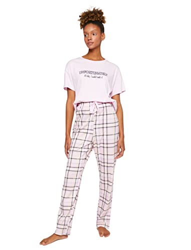 Koton Damska piżama Check Top Short Sleeve Slogan Printed Pajama Set, Fioletowy wzór (02i), M