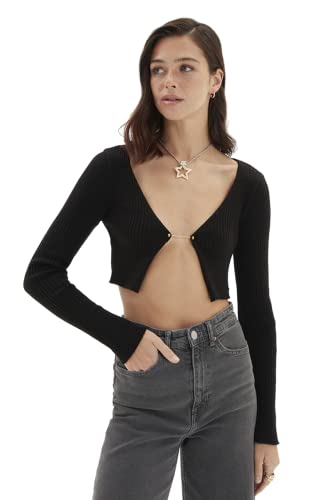 Trendyol Damski slim basic dekolt w serek dzianinowy kardigan, Czarny, S