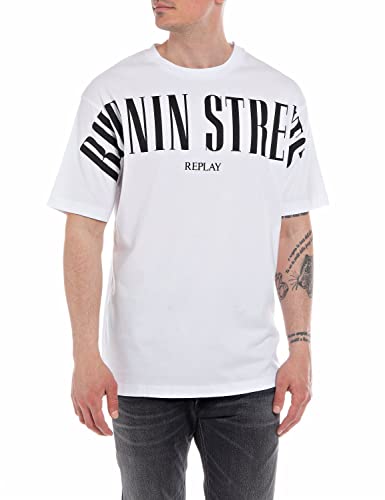 Replay Męski T-shirt z krótkim rękawem z napisem, Optical White 001, XL