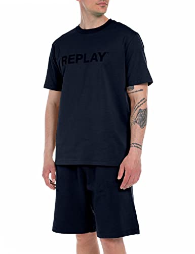 Replay Męski T-shirt z krótkim rękawem Second Life z nadrukiem logo, 085 niebieski, XL
