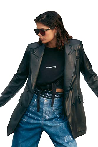 Trendyol Damska koszulka z dzianiny z okrągłym dekoltem, Czarny, 64