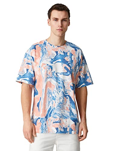 Koton Męski t-shirt oversize, psychodeliczny nadruk, krótki rękaw, okrągły dekolt, bawełna, Różowy wzór (2d8), L