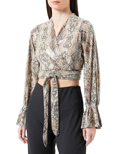 NAEMI Damska bluzka owijana z cekinami 19523476-NA01, beżowa, XL, beżowy, XL