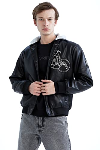 DeFacto skórzana kurtka do odzieży rekreacyjnej - DeFacto skórzany płaszcz dla mężczyzn do odzieży wierzchniej (czarna, XS), czarny