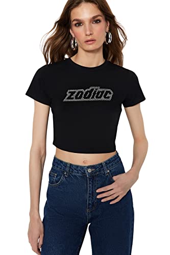 Trendyol Damska koszulka z dzianiny slim fit basic z okrągłym dekoltem, Czarny, M