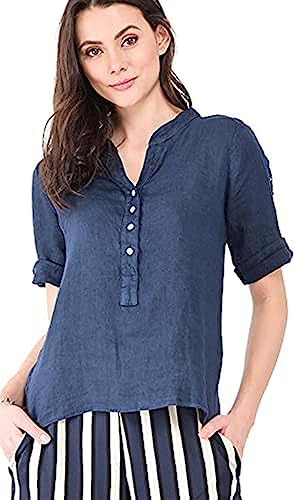 Bonateks, Bluzka z kołnierzem tunezyjskim z koronkową wstawką i długimi nakładanymi rękawami, 100% len, rozmiar DE:34, rozmiar US:S, topy, granatowe - wyprodukowano we Włoszech, niebieski, 34