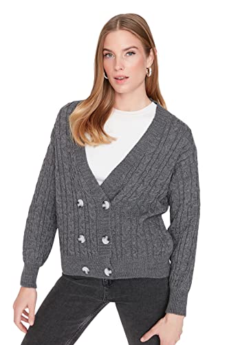 Trendyol Damski kardigan z dzianiny o regularnym kroju z dekoltem w serek, antracytowy, S, Antracyt, S