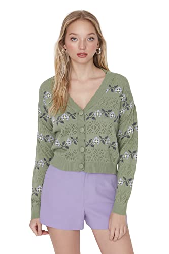 Trendyol Damski standardowy standardowy kardigan z dzianiny z dekoltem w serek, NIEBIESKI, L