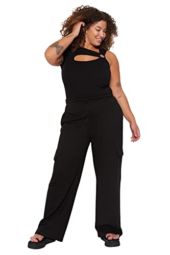 Trendyol Damskie spodnie dresowe z wysokim stanem z szeroką nogawką regularny krój Plus Size, czarne, 4XL, Czarny, 4XL-Plus