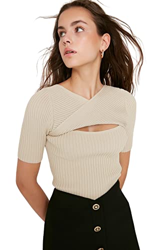 Trendyol Damski sweter dzianinowy z dekoltem w serek, Szary (Greige), M