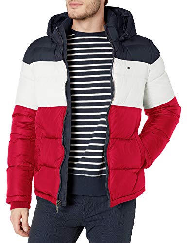 Tommy Hilfiger Męska klasyczna kurtka puchowa z kapturem (regularne i duże i wysokie) alternatywny płaszcz puchowy, Północ/biały/czerwony, XXL wysoki
