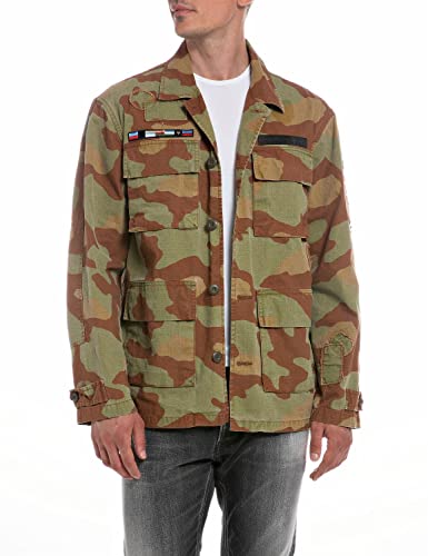 Replay Męska kurtka koszulowa z zapięciem na guziki, Tobacco/khaki/Green Camouflage 010, M