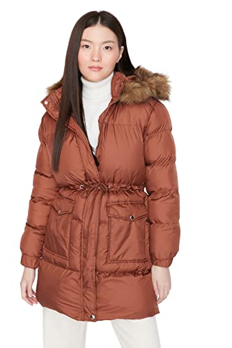 Trendyol Damska bluza z kapturem, jednokolorowa, oversize, kurtka zimowa, brązowy, L, Brązowy