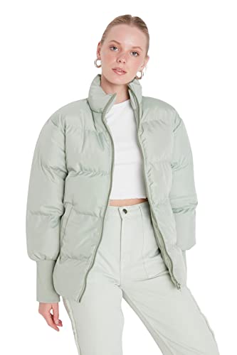 Trendyol Damska kurtka zimowa z kołnierzem mandaryńskim, jednokolorowa, oversize, płaszcz, Miętowy, M