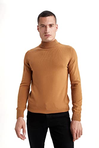 DeFacto Męski sweter z dzianiny z długim rękawem okrągły dekolt - slim fit sweter dla mężczyzn topy (Cinnamon, XS), Cynamon, XS