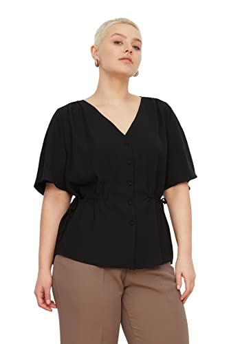 Trendyol Damska bluzka plus size, regularna, podstawowa, dekolt w serek, plus size, Czarny, 44 Plus