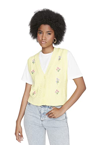 Trendyol Damska kamizelka z dekoltem w serek w kwiaty, regularna, dziergana bluza dresowa, żółta, S