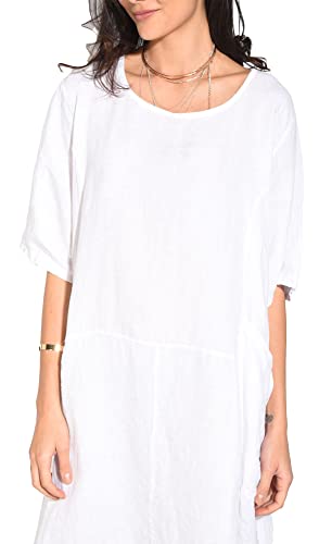 Sukienka damska 100% lniana Made in Italy, długa sukienka z okrągłym dekoltem, z przodu z krótkim rękawem, deserowa, rozmiar: XL, Pustynia, XL