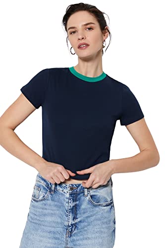 Trendyol Damska koszulka z dzianiny slim fit basic z okrągłym dekoltem, granatowy, L