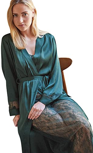 women'secret Damski długi płaszcz z krzyżykiem z satyny poliestrowej, z nadrukiem i rękawami, kimono, szlafrok poranny i kimono, ciemna zieleń kakaowa, XXL, Ciemna zieleń kakiowa, XXL