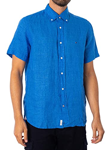Tommy Hilfiger Męska koszula lniana barwiona pigmentami Rf S/S na co dzień, Niebieski (Copenhagen Blue), XS