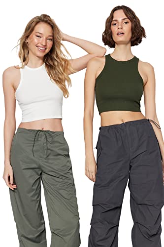 TRENDYOL Damska koszula z dopasowanym bodycon, Crew Neck Knit, Camisole, biała/khaki, XS, White/khaki, XS