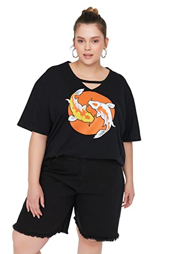 Trendyol Damska damska koszulka regularna z dekoltem w serek z dzianiny plus size, Czarny, 4XL