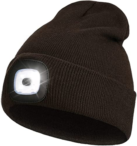 Little Hand LED Bonnet Lampe Frontal Lumière Tricoté Chapeau Hiver, Czapka z daszkiem, kapelusz na zimno, kapelusz Unisex, Brązowy, Brązowy