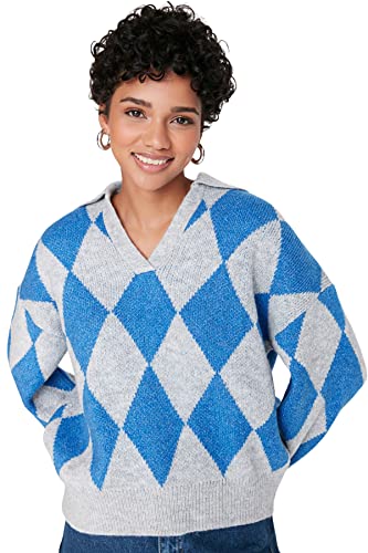 Trendyol Damska bluza polo z dekoltem w romby wzór regularny, szary, S, Szary