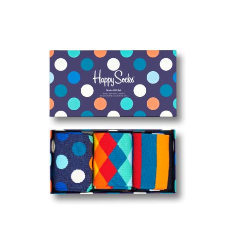 Happy Socks 3-Pack Classic Mix Gift Box, kolorowe i zabawne, Skarpetki dla kobiet i mężczyzn, Niebieski-Biały-Czerwony-Zielony-Turkus-Pomarańczowy (36-40)